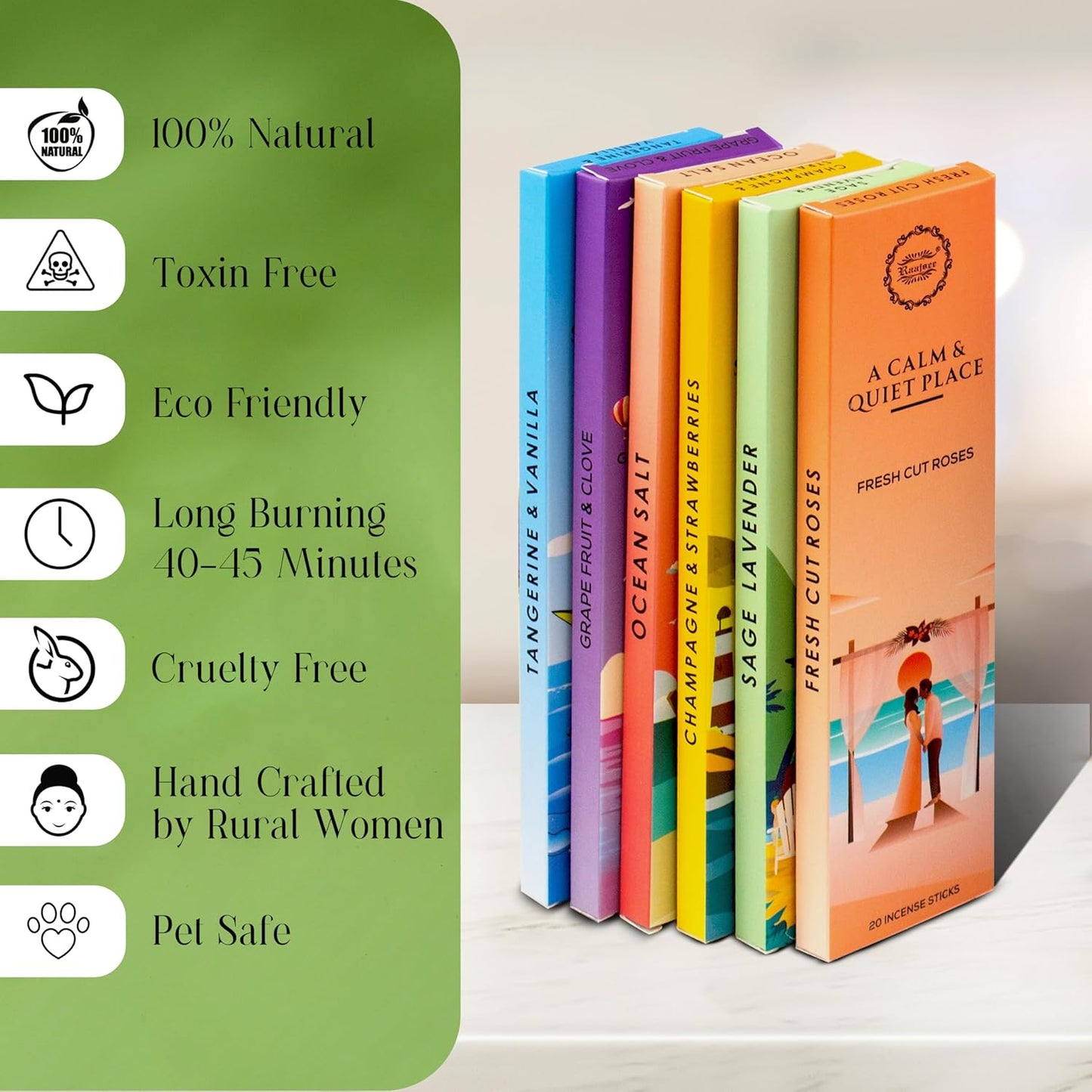 Raajsee Incense Sticks Natural, Set of 6 Organic Incents –120 Insence-Sticks with Holder– Aromatherapy Gifts, Non Toxic Clean Burning for Spiritual Cleansing – Ocean Salt, Grape Fruit Clove, Sage