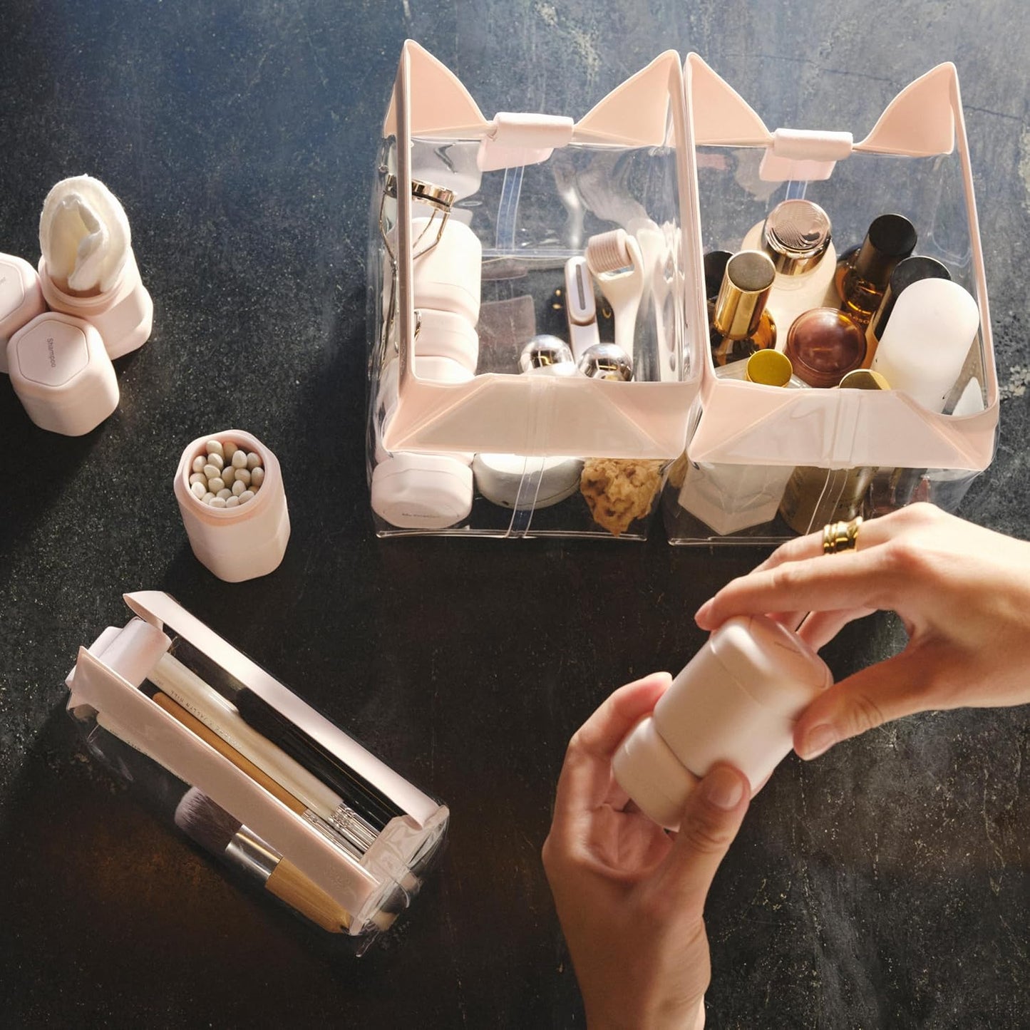 Cadence Travel Containers - Core Skincare Set - Magnetic Containers with Lids,2 Small (0.56oz) & 3 Medium (1.32oz) - Cleanser, Moisturizer, Serum, Makeup Remover & Sun Icon Labels - Sand