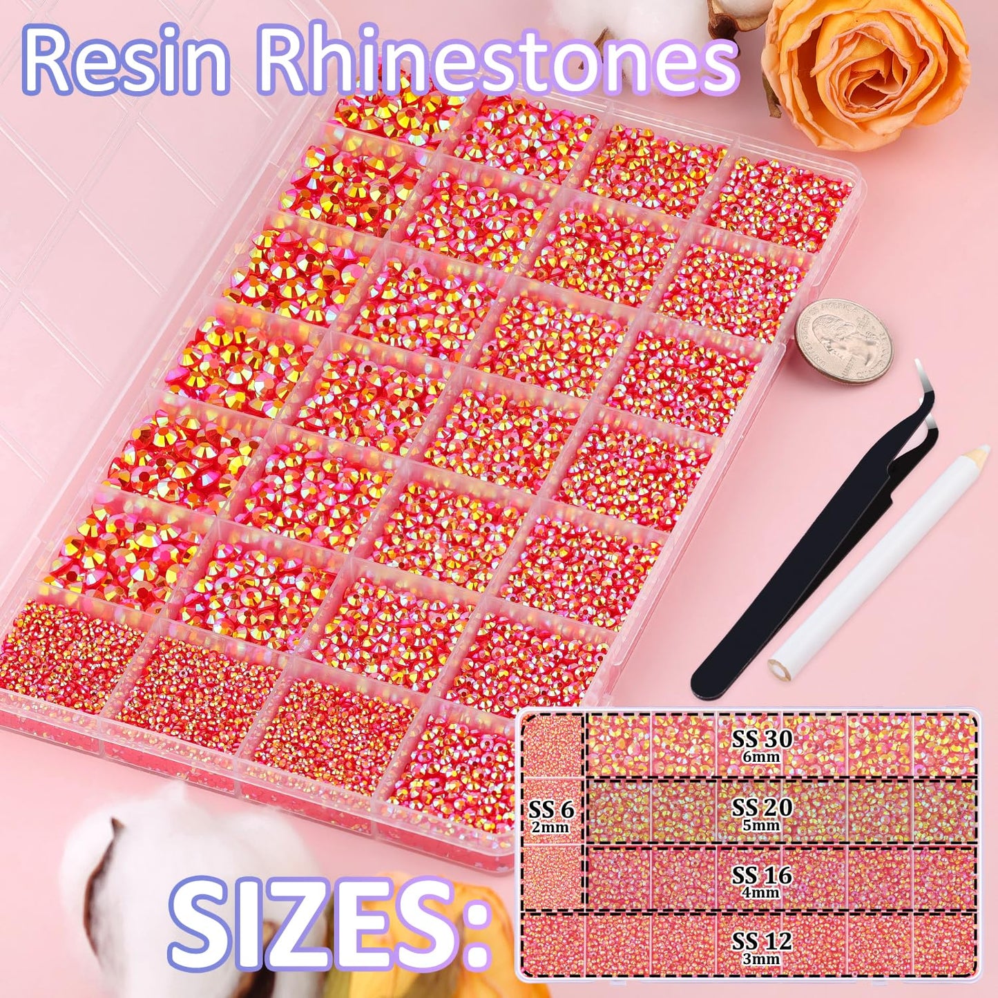 30000Pcs Resin Rhinestones for Bedazzling with Tweezers, Red AB Rhinestones for Crafting with B7000 Jewelry Glue for DIY Crafts Clothing Tumblers Shoes Fabric Nail Art