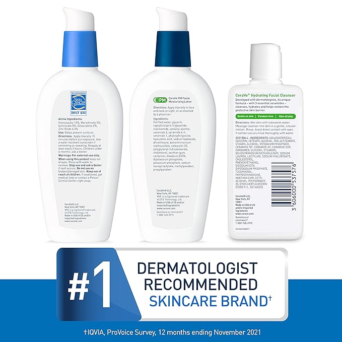CeraVe AM Face Moisturizer with SPF, PM Face Moisturizer & Hydrating Face Wash Skin Care Routine for Morning & Night | Travel Size Toiletries | 3oz Lotion + 3oz Lotion + 3oz Cleanser