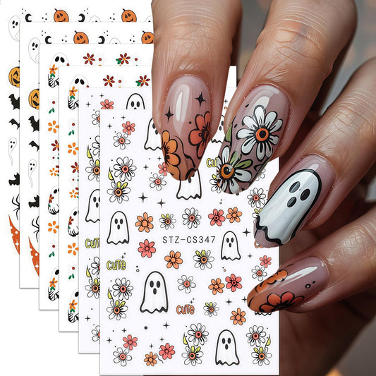 6 Sheets Ghost Nail Stickers for Nail Art, Halloween Nail Decals 3D Self-Adhesive Flower and Spooky Ghost Fall Stickers Design French Tip Nails Sticker Halloween DIY Manicure Decoration for Women