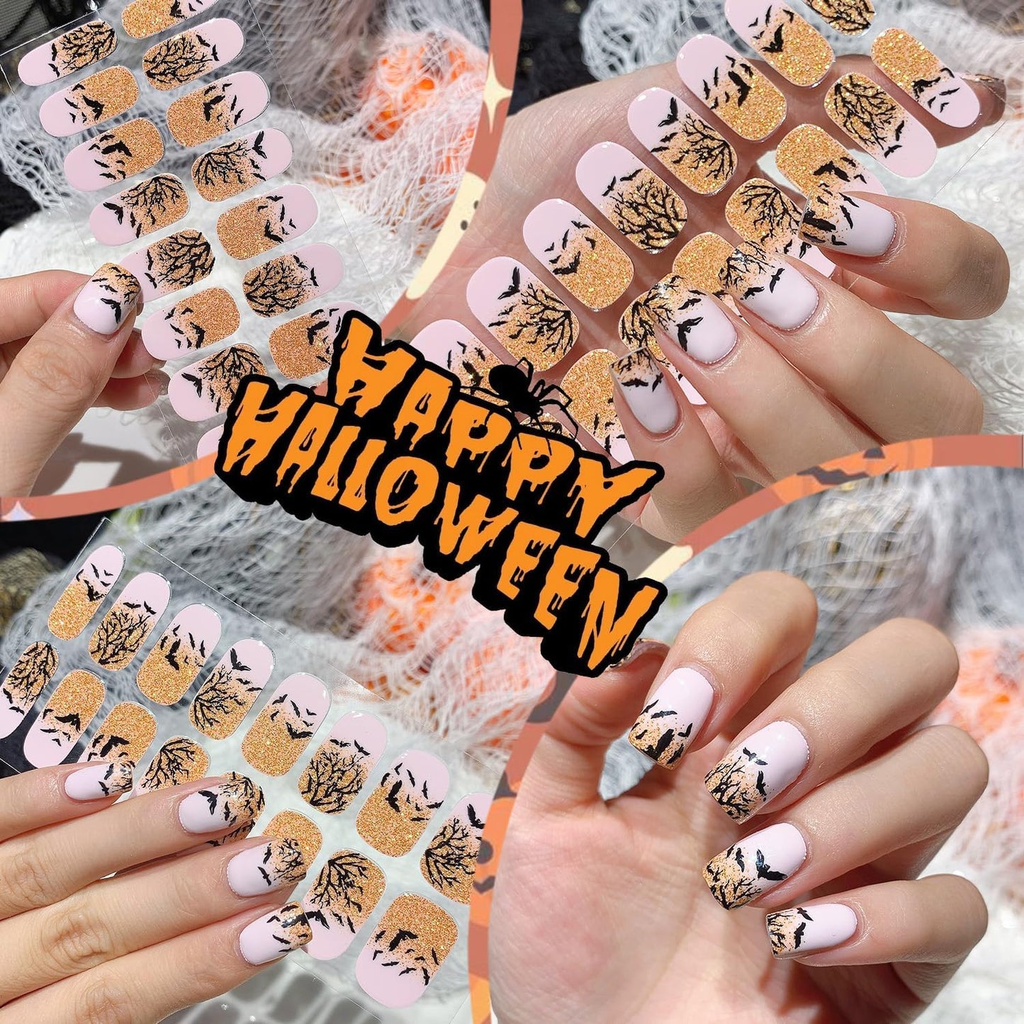 6 Sheets Spider Web Nail Polish Strips Full Wraps Halloween Gel Nail Stickers for Nail Art Self-Adhesive Ghost Spider Black Cat Nail Polish Stickers Pumpkin Bat Gel Nail Strips for Women