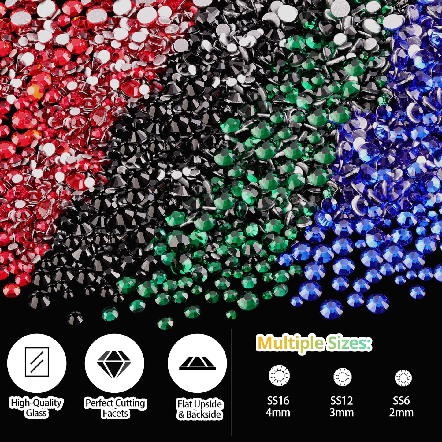 Rhinestones for Nails, Manicure Gem, Multi Size Flat Back Glass Crystal AB + Mixed Color Iridescent Gemstones Round Beads Gems for Professional Salon and DIY Nail Art with Pickup & Dotting Tools