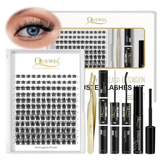 QUEWEL DIY Eyelash Extensions Kit, 144 Pcs Lash Clusters Eyelash Applicator Tool, Super Hold Bond and Seal, Clusters Lash Glue Remover Easy to Apply at Home(FD-QU-H-3D-02)