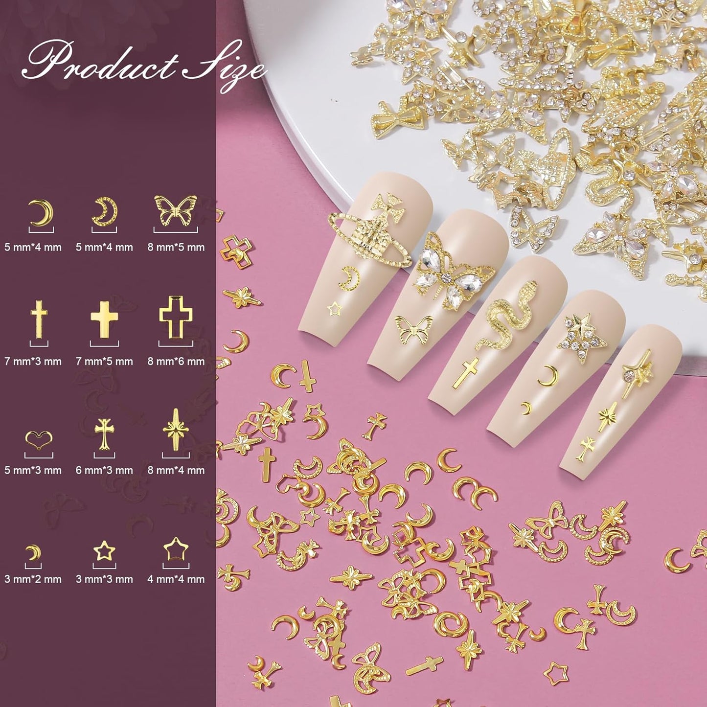 Artdone Nail Art Studs Kit, 3D Gold Cross Nail Charms and Diamond Butterfly Gems Bulk Nail Jewels Shiny Star and Moon for DIY Professional Manicures Decoration