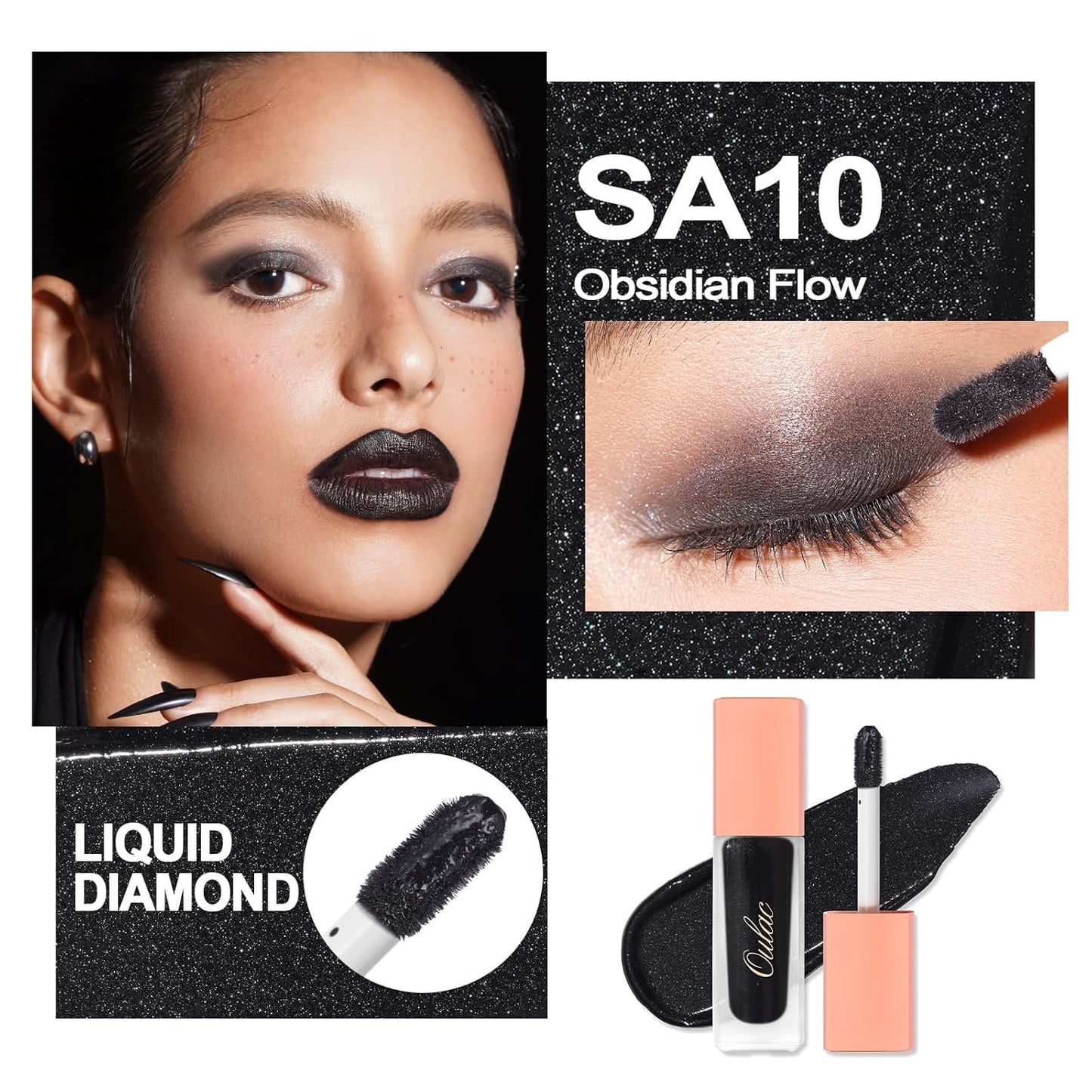 Oulac Black Satin Liquid Eyeshadow&Eyeliner–Glitter Shimmer Metallic Cream Shadow, Ultra Pigmented & Long Lasting, Smudge-Proof Buildable Formula for Bold Smokey Eye Makeup, Vegan & Cruelty-Free SA10