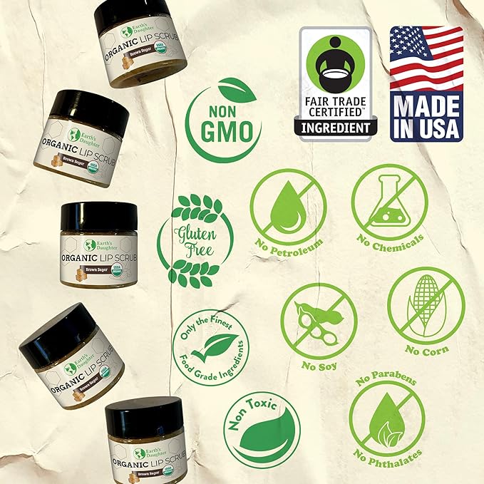 Organic Brown Sugar Lip Scrub – 0.7oz – USDA Organic Lip Exfoliator Scrub for Dry Lips - Fair Trade, Brown Sugar, Jojoba Oil, Beeswax, Coconut Oil - Lip Scrubber Exfoliator For Lip Care