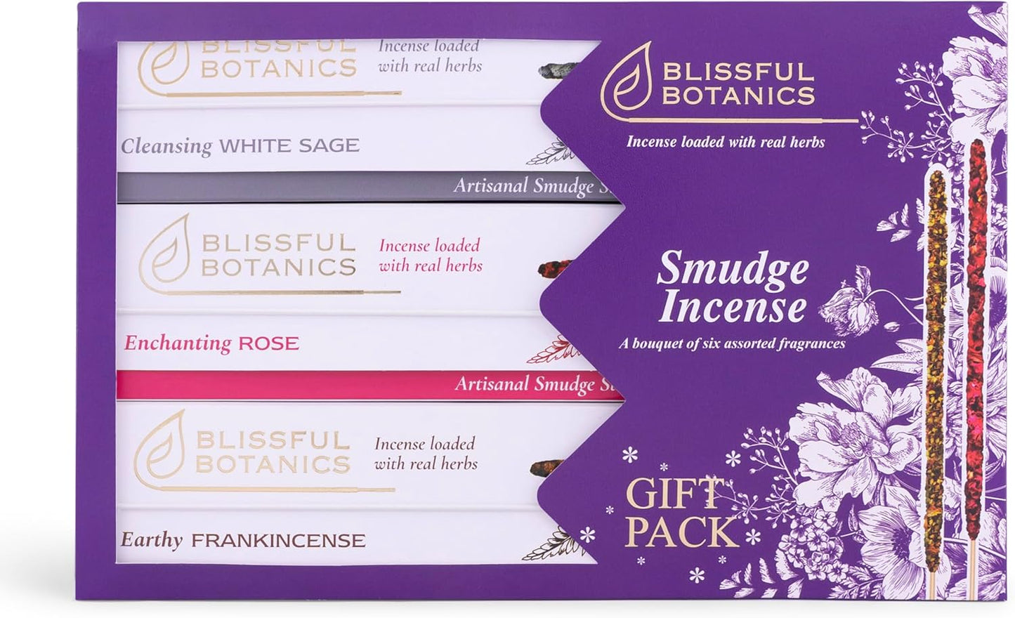 Tulasi Smudge Incense Sticks Gift Pack – 6 Scents x 40g Each – White Sage, Palo Santo, Lavender, Frankincense, Sandalwood, Rose – 48 Natural Herbal Incense for Aromatherapy, Yoga, Meditation