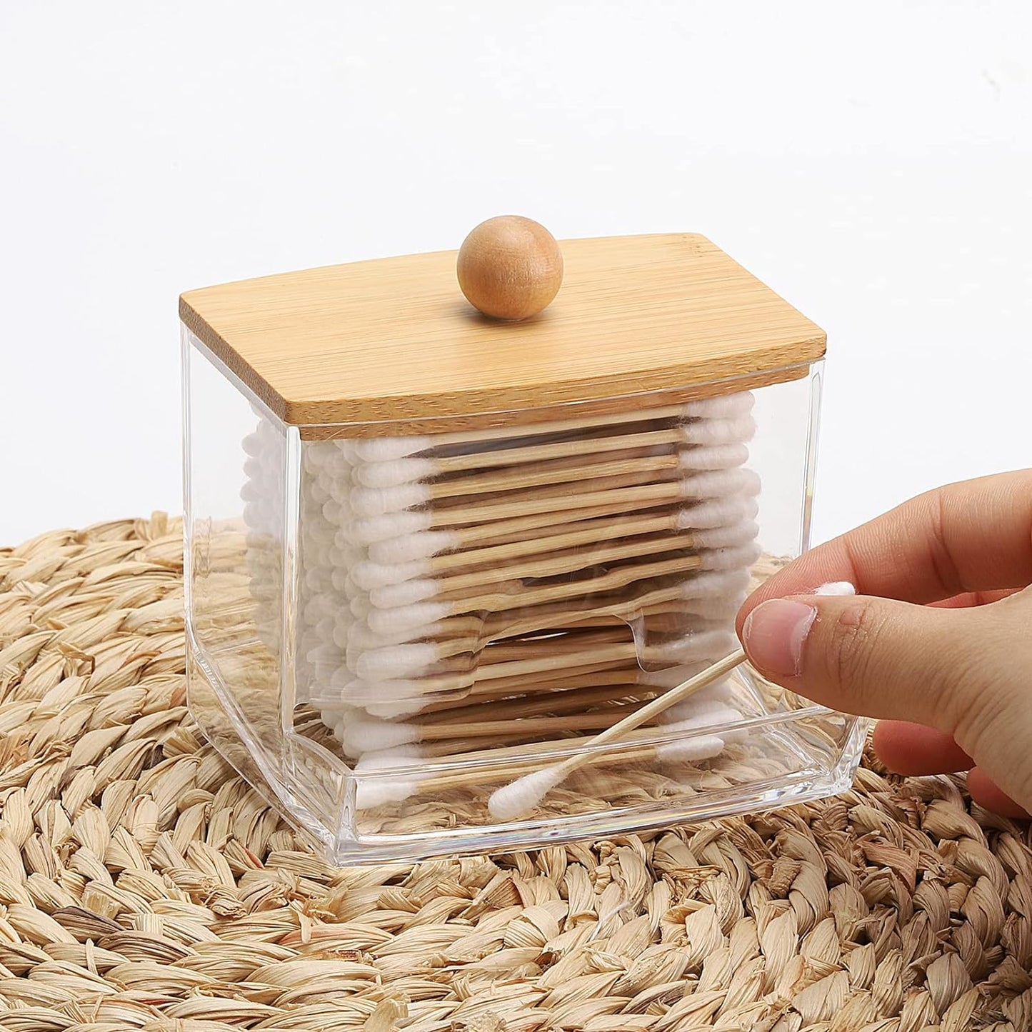 Tbestmax 2 Pack 10oz Qtip Holder Dispenser with Bamboo Lids, Big Clear Bathroom Organizer Accessories Decor for Storage-Qtips Cotton Ball Holder Apothecary Jars, Cotton Swabs, Floss Container