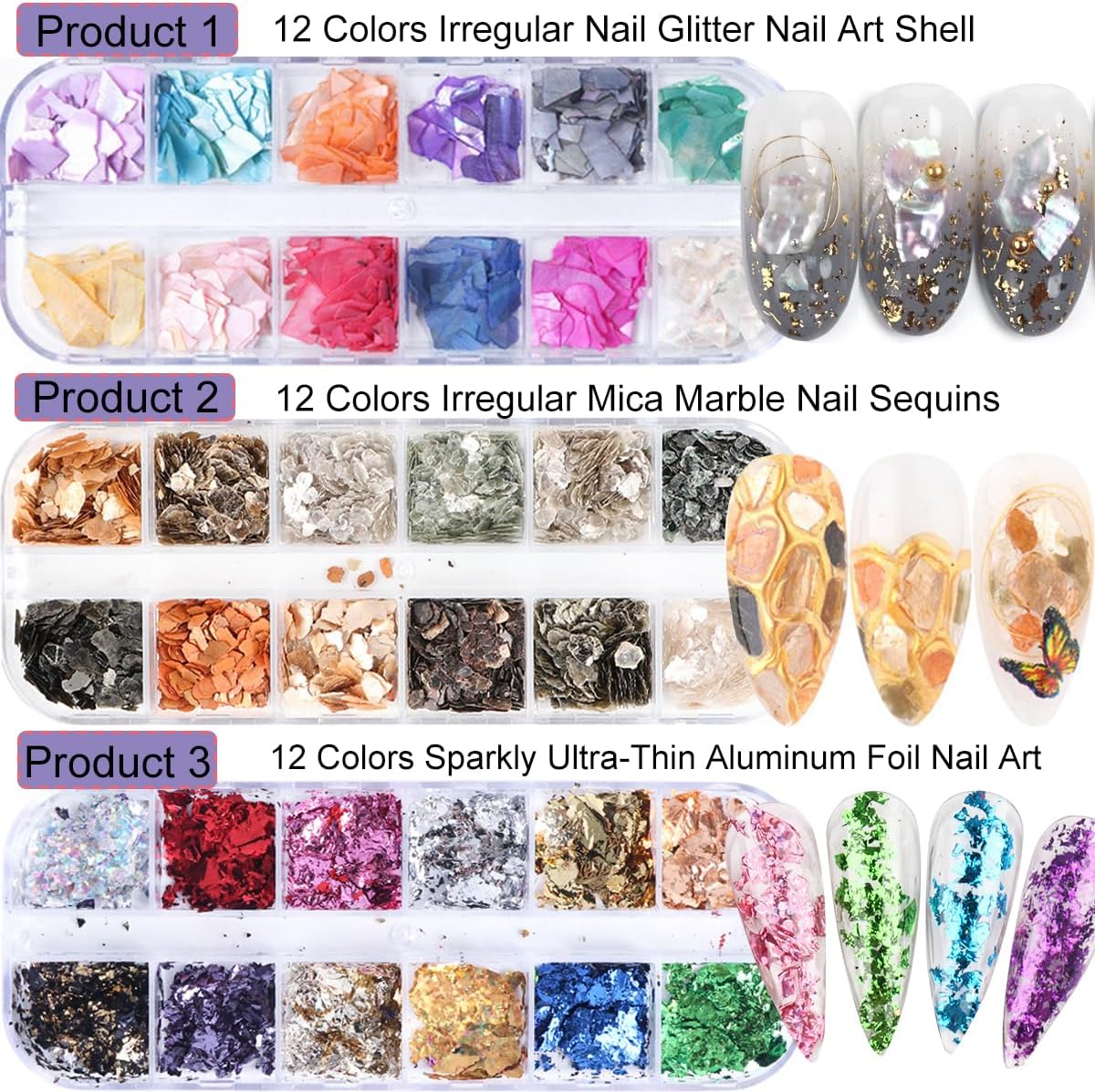 3 Boxes 36 Grids Nail Art Foil Flakes Glitter Irregular Mica Seashell Flakes,Nail Supplies Glitter Slice Colorful Marble Seashell DIY Acrylic Decorations Charms