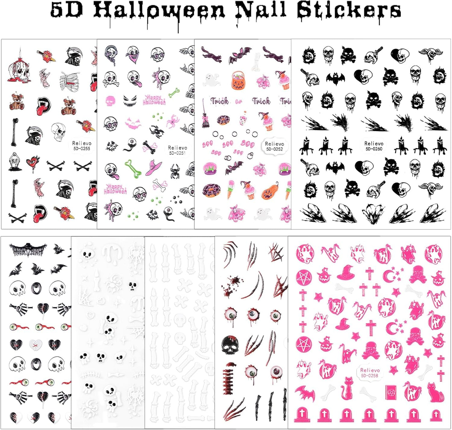 9 Sheets Halloween Nail Art Stickers 5D Embossed Nail Decals Ghost Pumpkin Bat Cat Skull Spider Web Gothic Nail Supplies for Women Girls DIY Nail Decorations