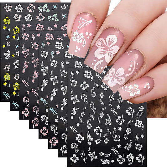 8 Sheets 3D Colored Flower Nail Stickers Summer Hibiscus Nail Decals 3D Self-Adhesive White Pink Gold Flower Pattern Women's Nail Art Supplies Decoration Accessories
