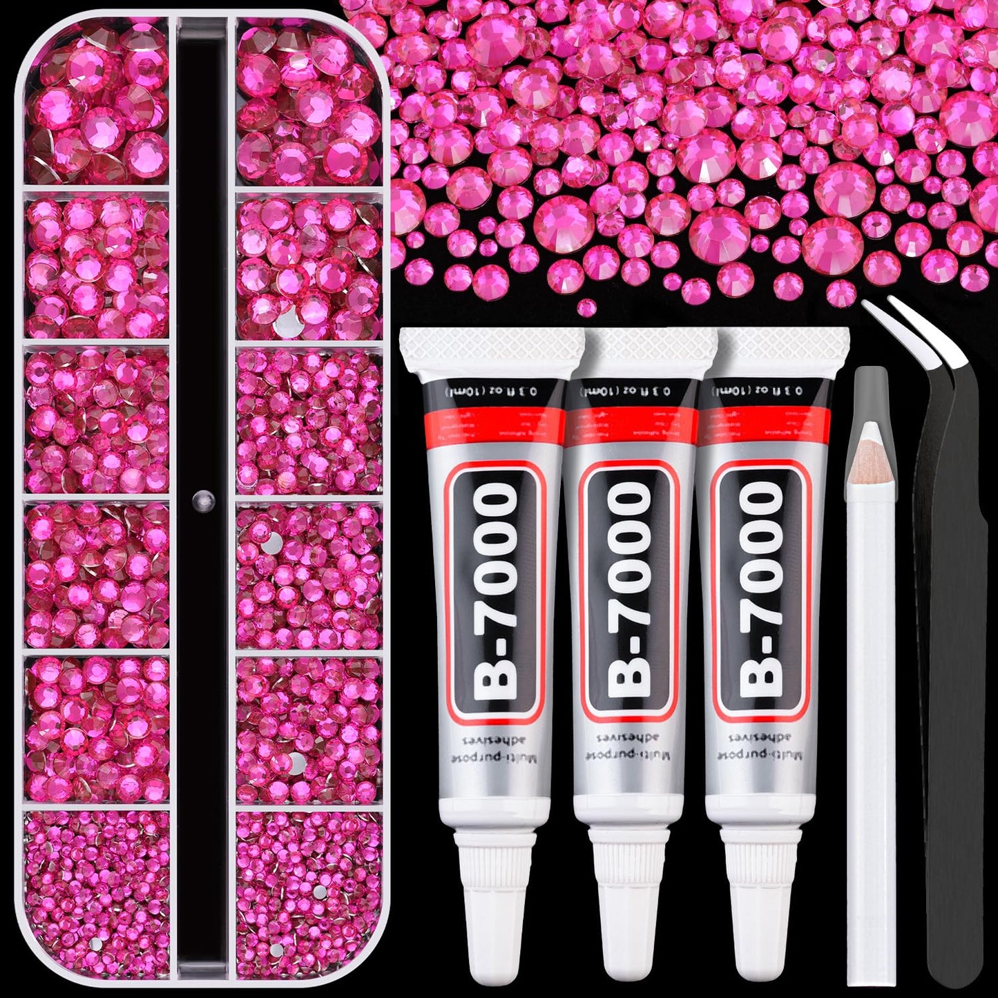 Resin Rhinestones for Crafting with B7000 Jewelry Glue, 1 Box Hot Pink Flatback Crystals with 3Pcs 10ml Glue for Bedazzling Crafts DIY Nail Art Makeup，Non Hotfix Gems for Clothing Shoes