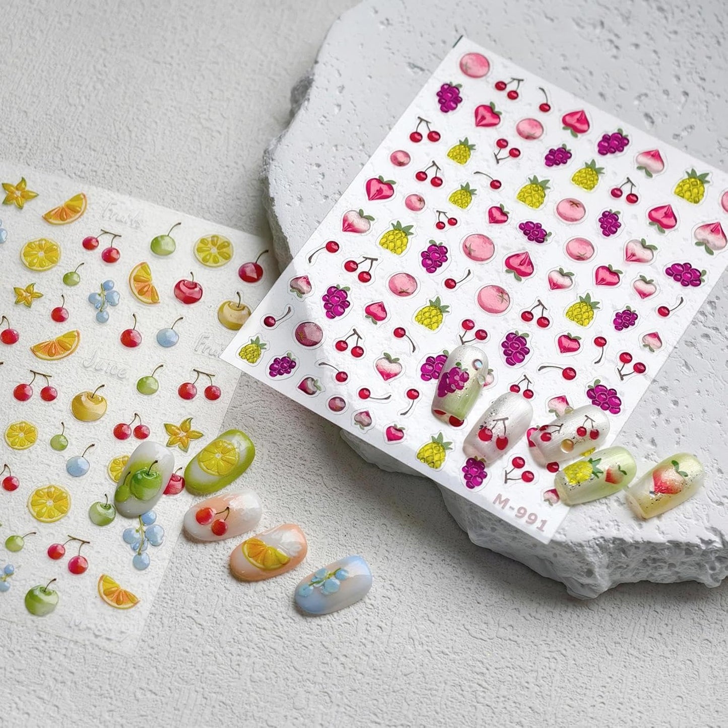 5D Embossed Fruit Nail Stickers Purple Grapes Nail Designs 3D Self-Adhesive Pineapple Lemon Nail Decals Summer Red Cherry Nail Art Decoration for Women Girls DIY Manicure 2 Sheets