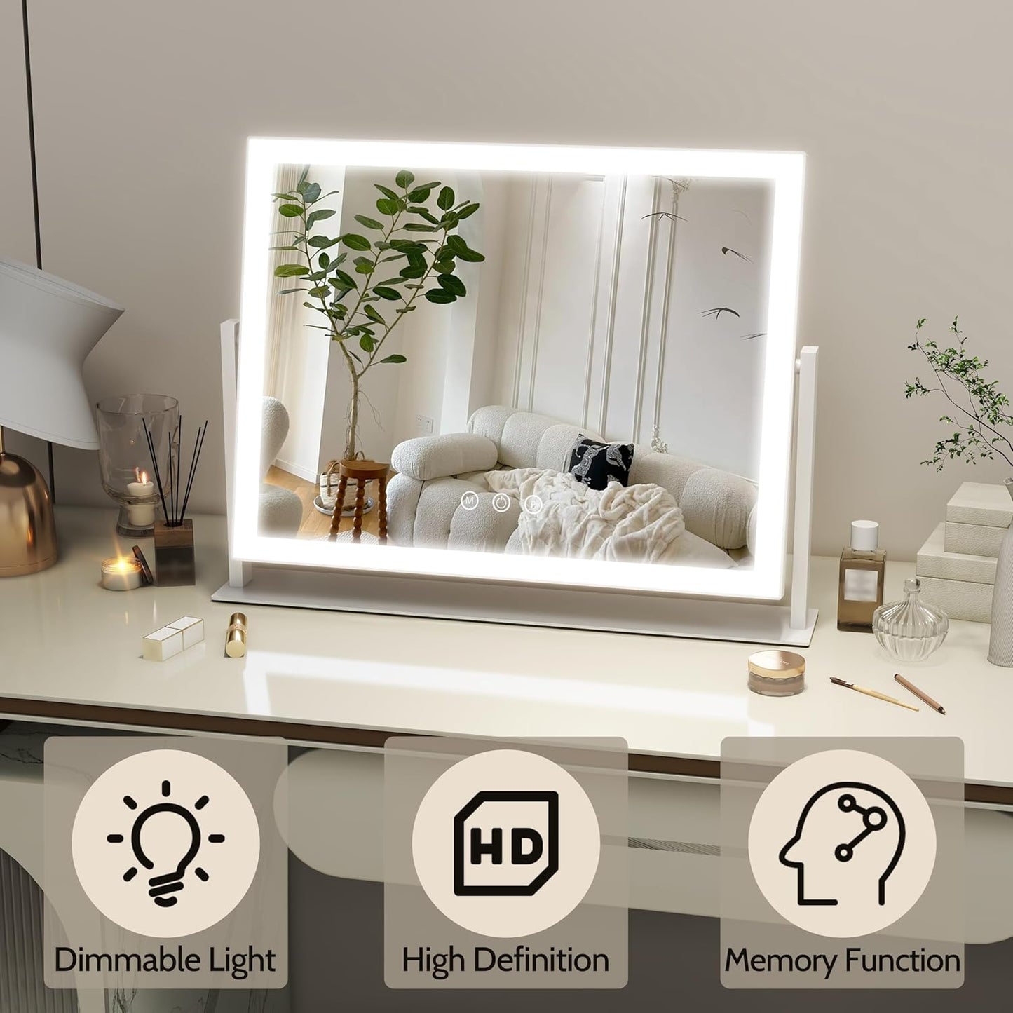 Lighted Makeup Mirror, 16.3"x12.6" Hollywood Vanity Mirror with Lights, 10X Magnification, 3 Color Lighting Modes, Smart Touch Control, 360° Rotation for Bedroom or Tabletop (White)