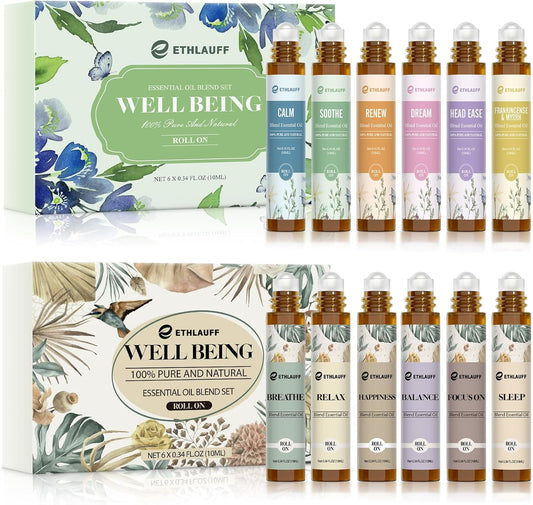 Essential Oils Roll On Set 12 Pack -(Calm, Renew, Soothe, Dream, Head Ease, Frankincense & Myrrh) Relaxation Self Care Gifts,Aromatherapy Oil with Roller Ball - Stress Relief Gifts for Women and Men