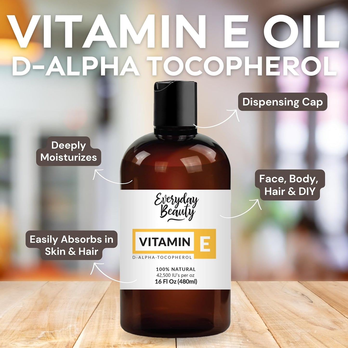 Pure Vitamin E Oil Bulk - 16 oz D-Alpha Tocopherol 100% Pure & All Natural 42,500 IU per oz - Not a Blend, Thick, Amber Color - from Wheat Germ - Face Body Hair - DIY Cosmetics & After Surgery Scars…