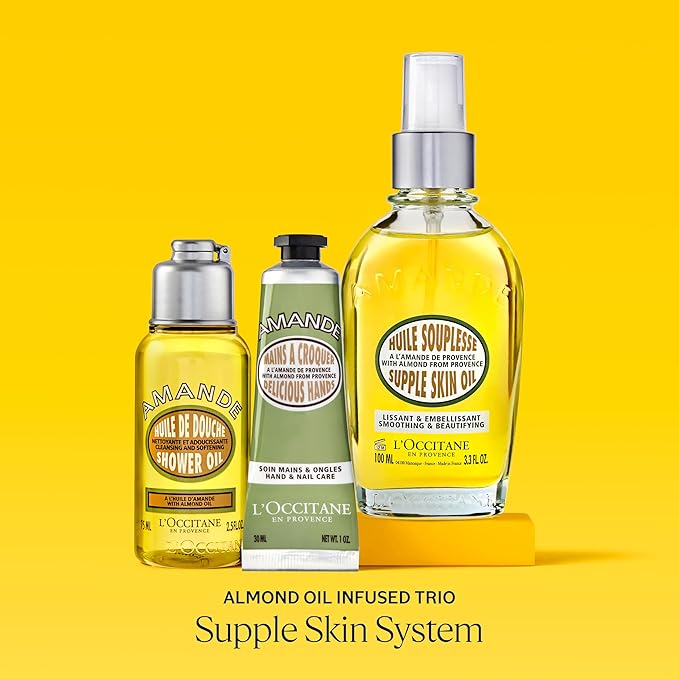 L'OCCITANE Supple Skin System: Hydrate & Soften, Almond Oil Infused Trio Featuring Almond Supple Skin Oil, Almond Shower Oil, and Almond Delicious Hand & Nail Care Lotion, Bath and Body Gift Set