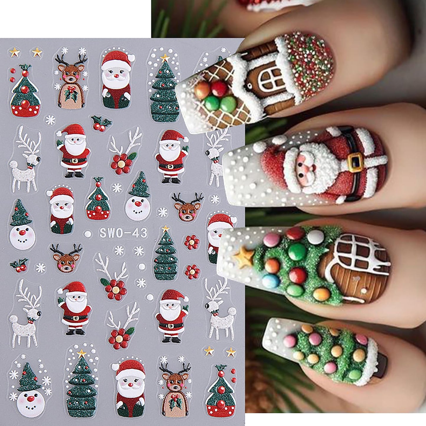 6 Sheets Christmas Nail Art Stickers 5D Self-Adhesive Embossed Cartoon Santa Claus Elk Bluebird Designs Xmas Decals Winter Christmas Snowflake Lamp Ball Nail Stickers Supplies for DIY Manicure Decor