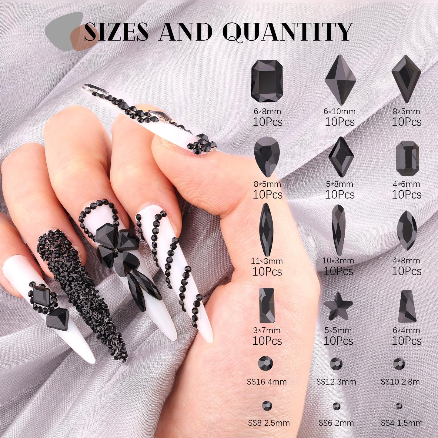 3220Pcs Black Glass Nail Rhinestones 120Pcs Multi Shapes Flatback Nail Gems + 3100Pcs 1.5-4mm Round Crystal with Rhinestones Glue Gel, Manicure Nail Charms Diamond Gemstones for Nail Art