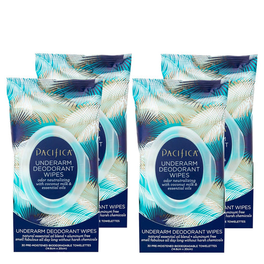 Pacifica Beauty Coconut Milk & Essential Oils Underarm Deodorant Wipes, Helps Remove Odor, Aluminum-Free, Vegan & Cruelty-Free, 30 Wipes (4-Pack)