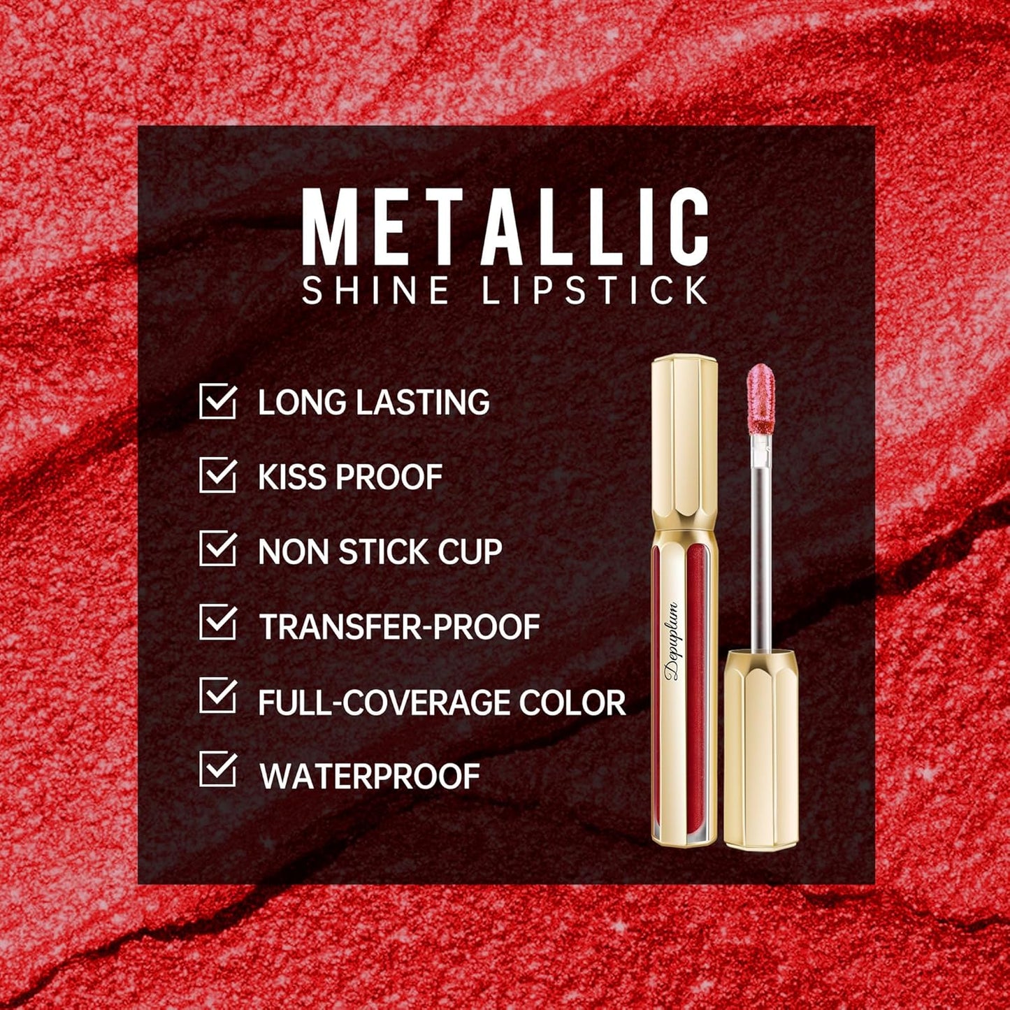 Dark Red Lipsticks for Women Metallic Lipstick Long Lasting Non Stick Cup Lip Gloss, Metal Shine Lightweight Hydrating Full Coverage Lip Color, DP104 Impassion