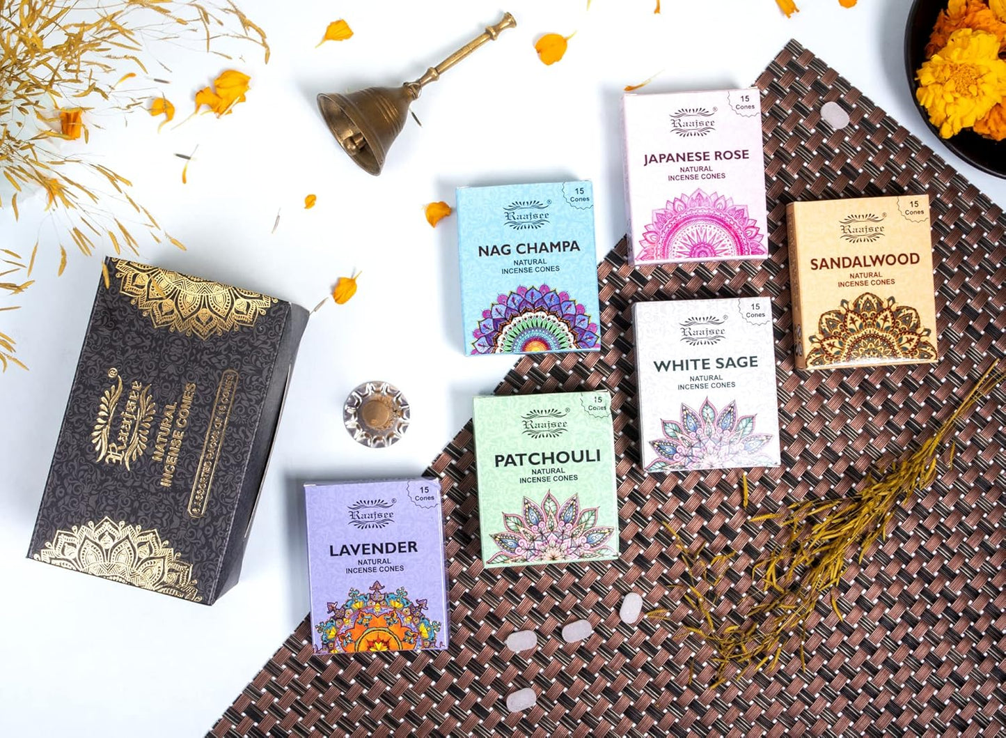 Raajsee Natural Incense Cones,6 Pack Mixed Scents Gift Pack 15 pc Each (90 Total), Insense Cones Variety Pack, 100% Organic Non Toxic Natural - Hand Rolled Free from Chemicals (Pack 1)