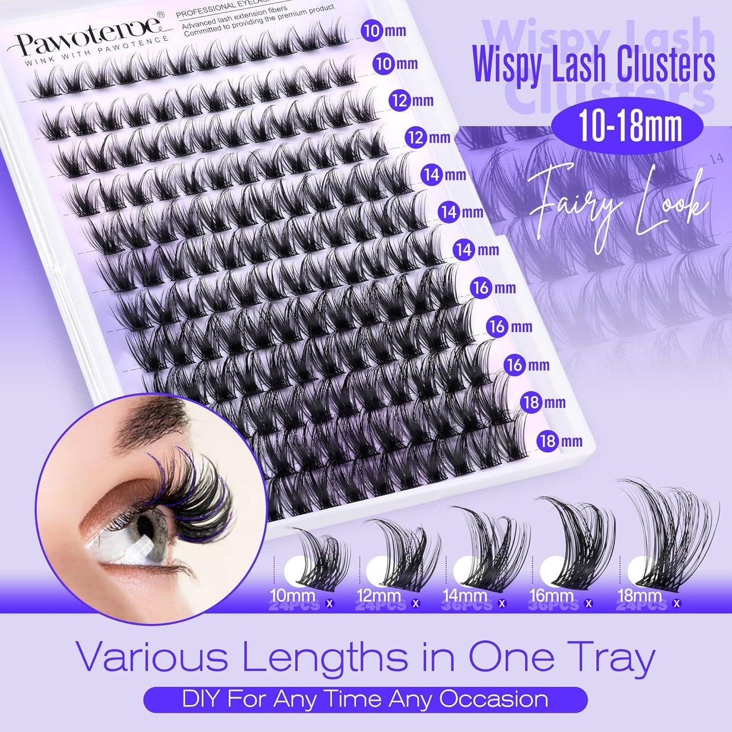 Pawotence Lash Clusters Kit Wispy Lash Extension Kit 10-18mm Cluster Eyelash Extensions Kit Individual Lashes 144pcs Eyelash Clusters with Lash Bond and Seal, Lash Tweezers for Self Use