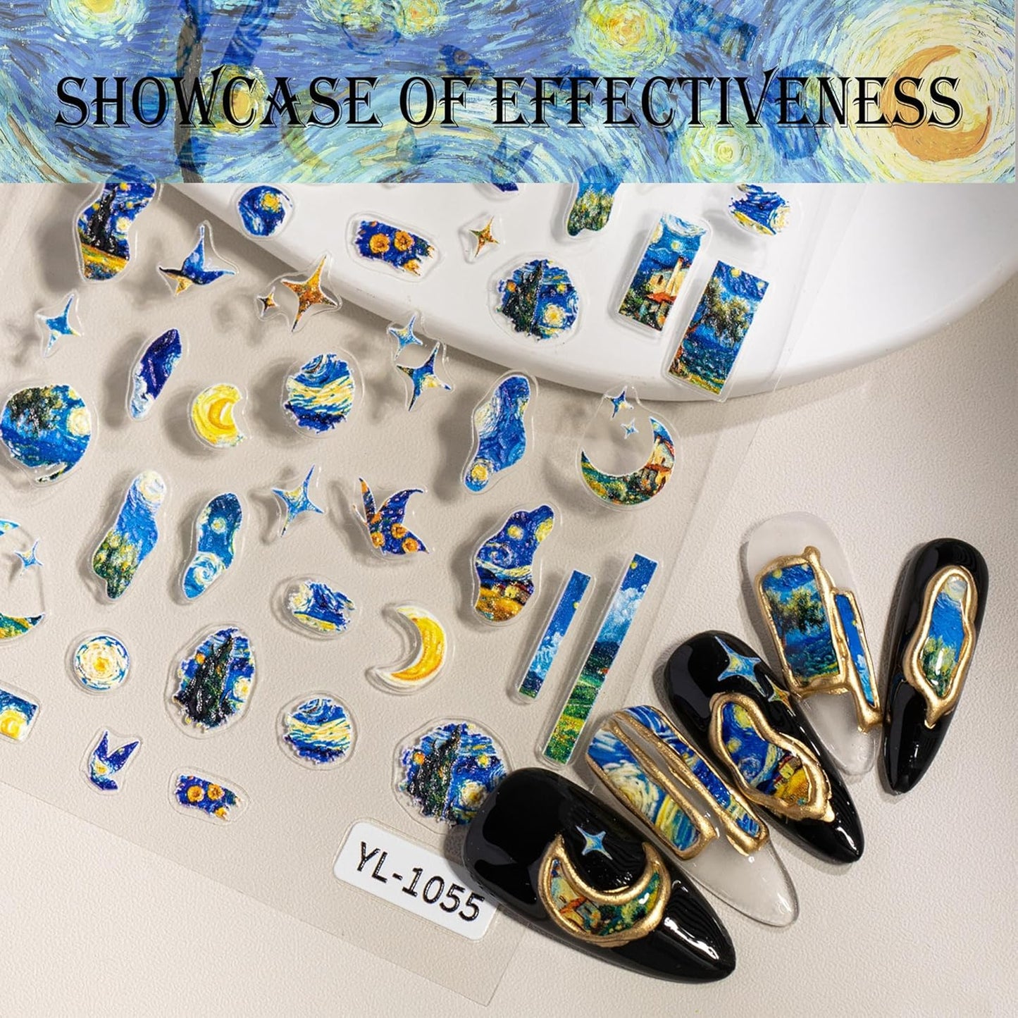 5D Van Gogh's Starry Night Nail Art Stickers, Embossed Nail Decals Supplies Self Adhesive Nails Sticker DIY Acrylic Nail Accessories - 2 Sheets