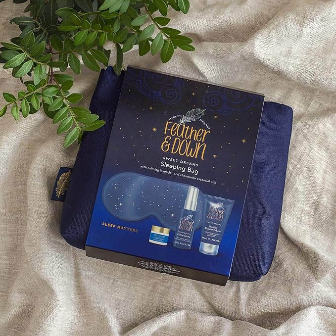 Feather & Down Sleeping Bag Gift Set: Luxury Eye Mask, Sleep Balm, Pillow Spray and Shower Cream, with Calming Lavender & Chamomile Essential Oils, Vegan & Cruelty Free