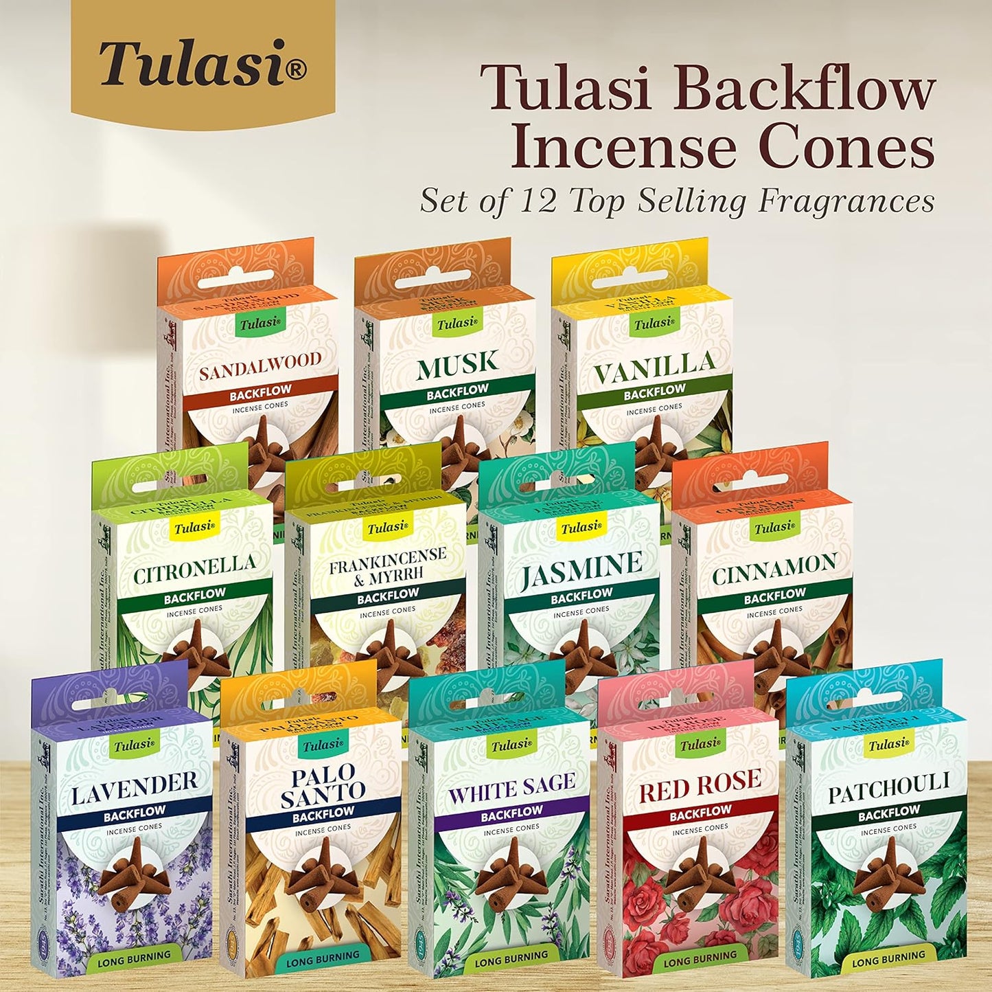 Tulasi Backflow Incense Cones with Natural Oils, Scents Set of 12 Fragrances (120 Cones) Calming Home Aromatherapy, Yoga, Meditation, Relaxing, Mixed Scents with Natural Oils