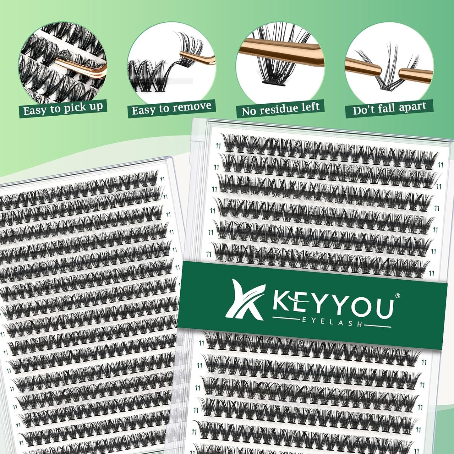 Lash Clusters 300pcs Individual Lashes 40D 0.07C Curl 11mm DIY Eyelash Extension KEYYOU Large Tray Volume Soft&Natural Cluster Lashes(40D-0.07C,11）