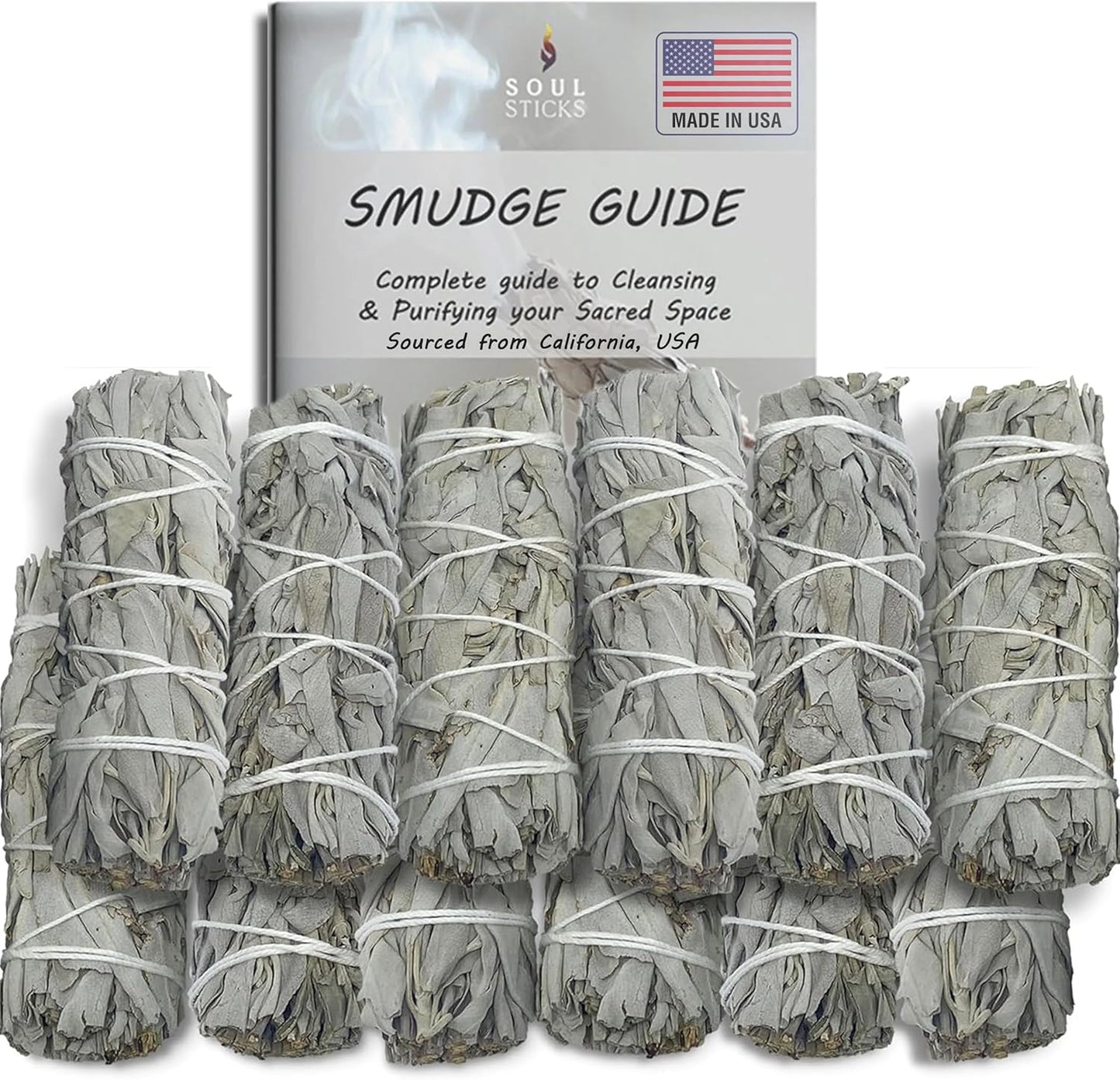 SOUL STICKS 6 Inch 12-Pack Organic California White Sage Smudge Sticks Bulk for Home Cleansing, Negative Energy Removal, Good Energy Meditation & Smudging Rituals | Pure Sage Bundles
