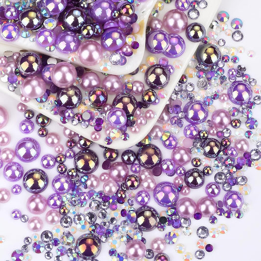 60g Purple AB Flat Back Pearls Rhinestones for Crafts Mixed Size 3mm-10mm AB Color Round Half Pearls Flatback Pearl Beads and Resin Rhinestones Set for Face Art
