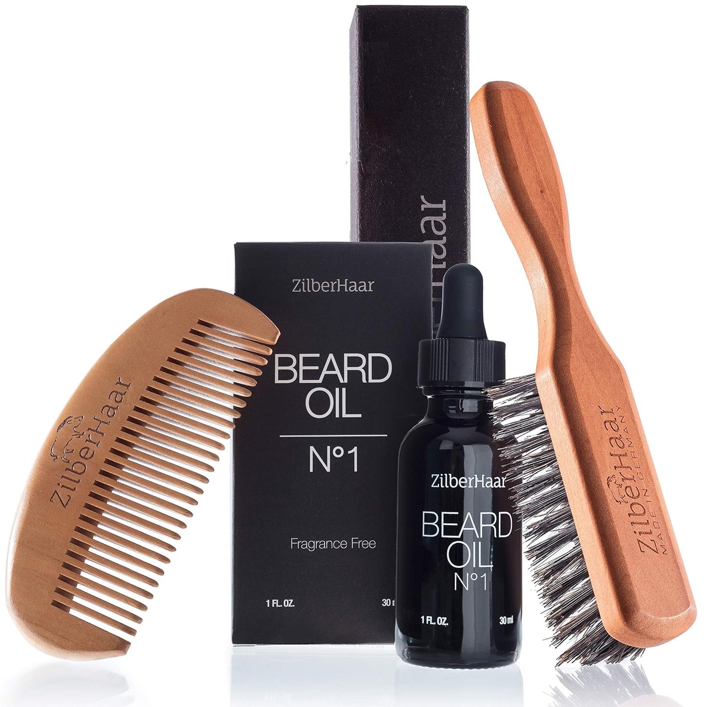 ZilberHaar Beard Grooming Basic Bundle - Soft Regular Brush + 1oz Beard Oil + Beard Comb
