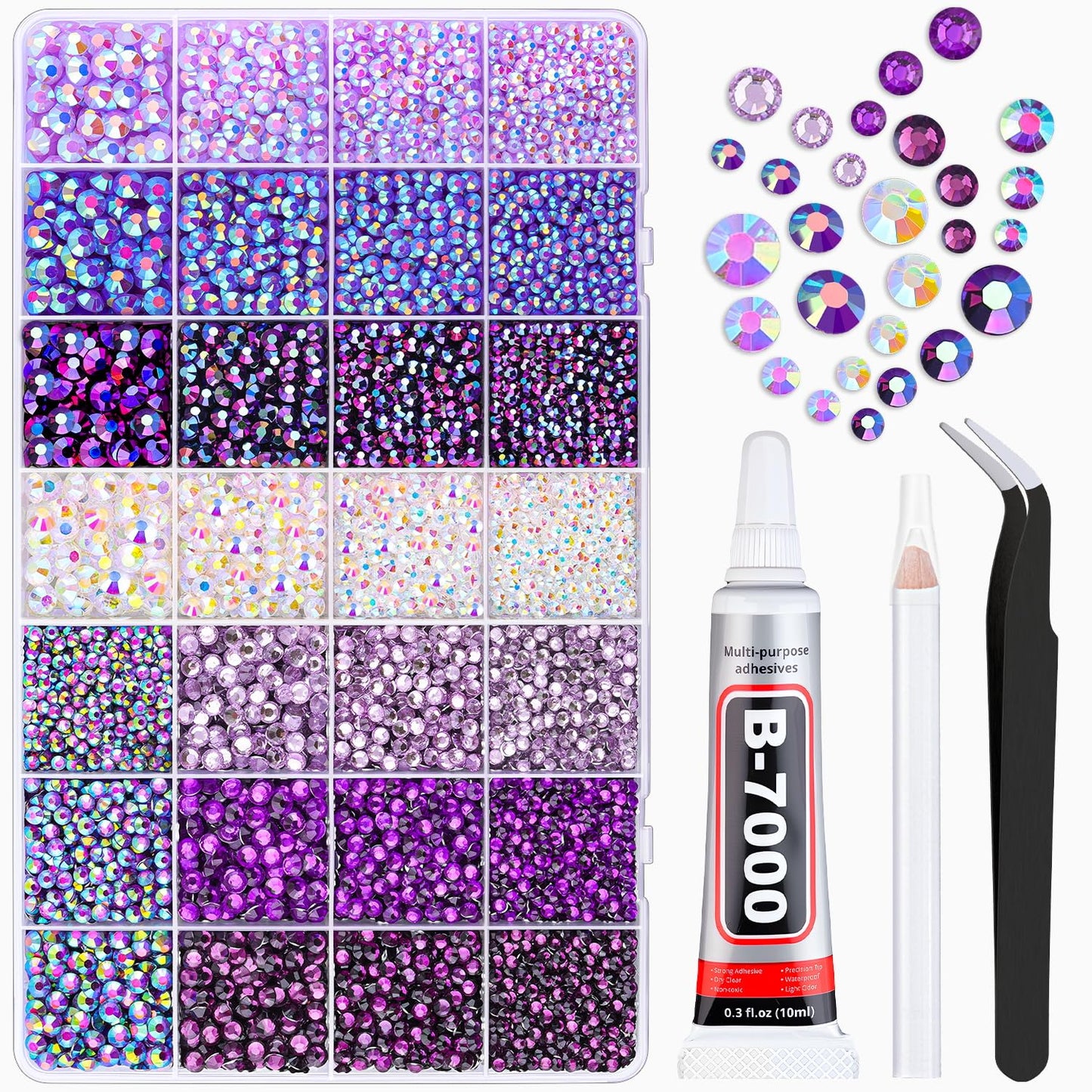 20000Pcs Purple Rhinestones for Bedazzling with 1Pcs B7000 Jewelry Glue, Resin Rhinestones for Crafting Crafts DIY, Bedazzler Kit Gems for Clothing Shoes Tumblers Nail Art Assorted Size 3/4/5/6mm
