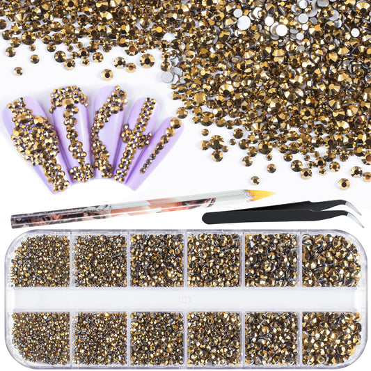 3600pcs Glass Mineral Gold Nail Rhinestones 6 Sizes(1.8/2/2.4/2.8/3/4mm) Flatback Crystal Nail Charms Jewels Decoration for Nail Art and Crafting, Tweezer and Pickup Pen included