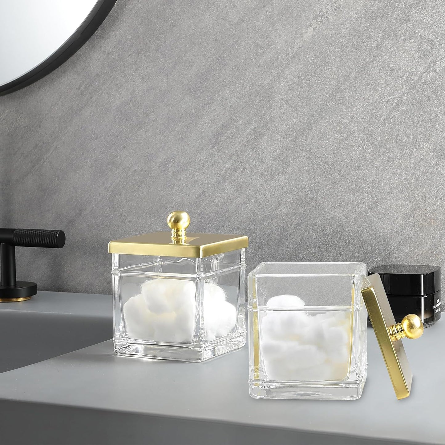 Glass Cotton Jar Holder 2 Pack– Brushed Gold Lid, Elegant Bathroom Storage Canister for Qtips, Cotton Balls, Floss, Makeup Organizer, Vanity & Bathroom Organization