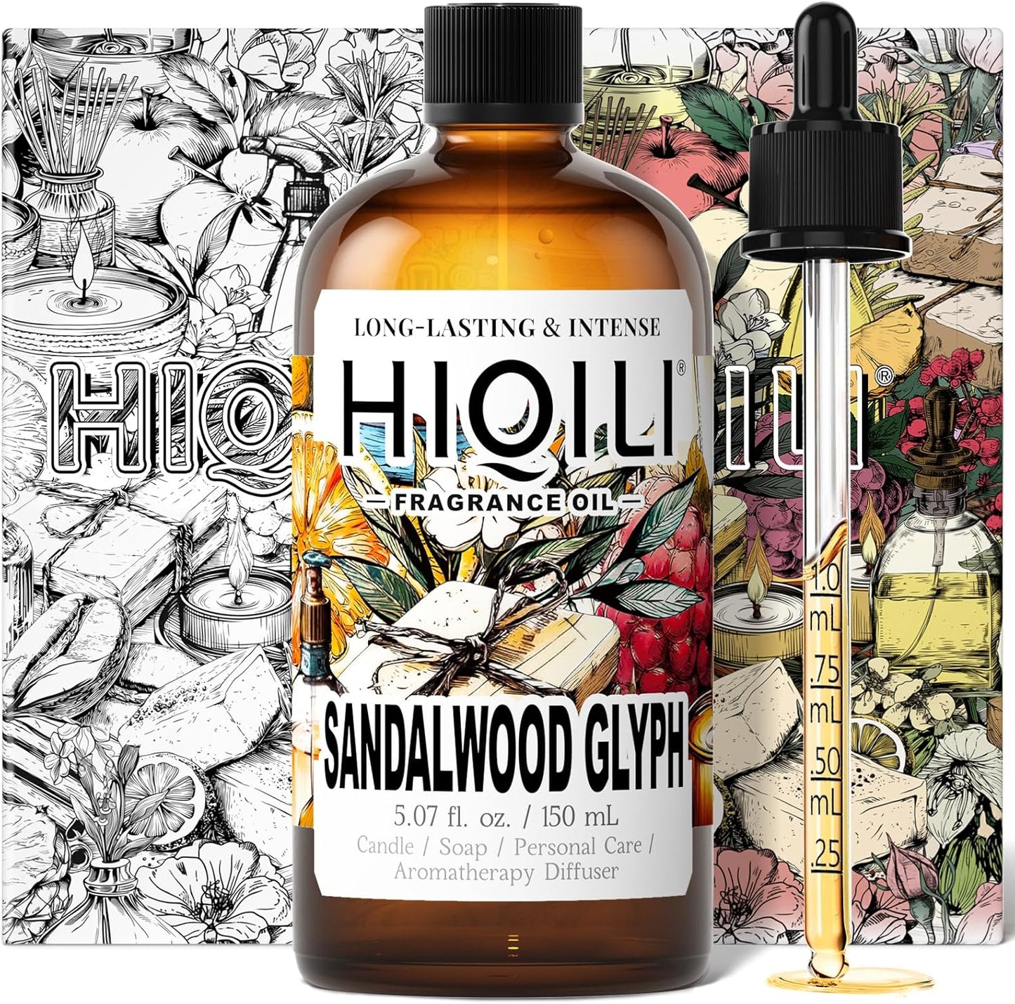 HIQILI Sandalwood Glyph Fragrance Oil for Candle & Soap Making, DIY Perfume, Essential Oil Diffuser for Home, Santal Dan Sha - 5.07 Fl Oz