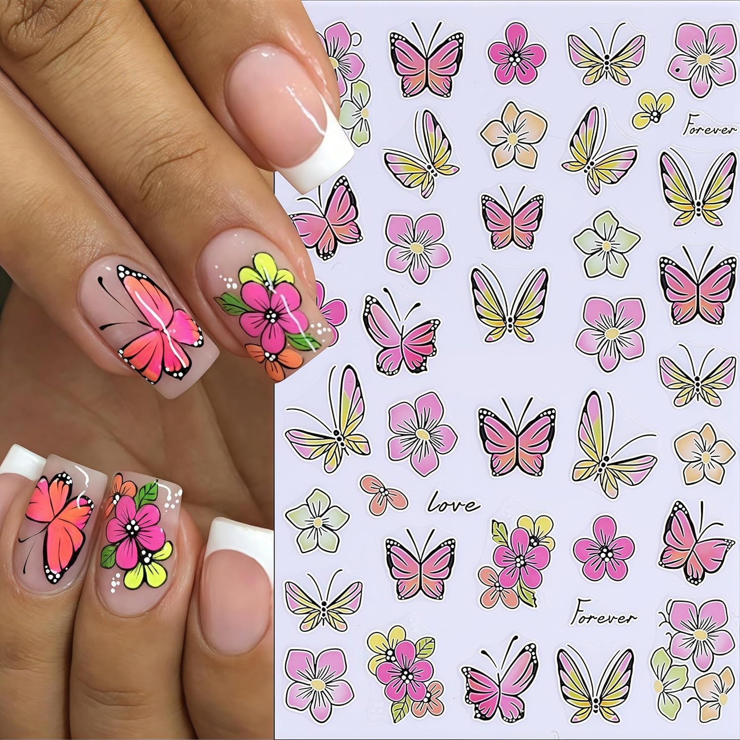 8 Sheets Gold Edge Butterfly Nail Stickers 3D Self Adhesive Holographic Colorful Butterfly Cherry Blossoms Decals Spring Glitter Gold Flower Design Supplies for Women Girls Manicure Decoration