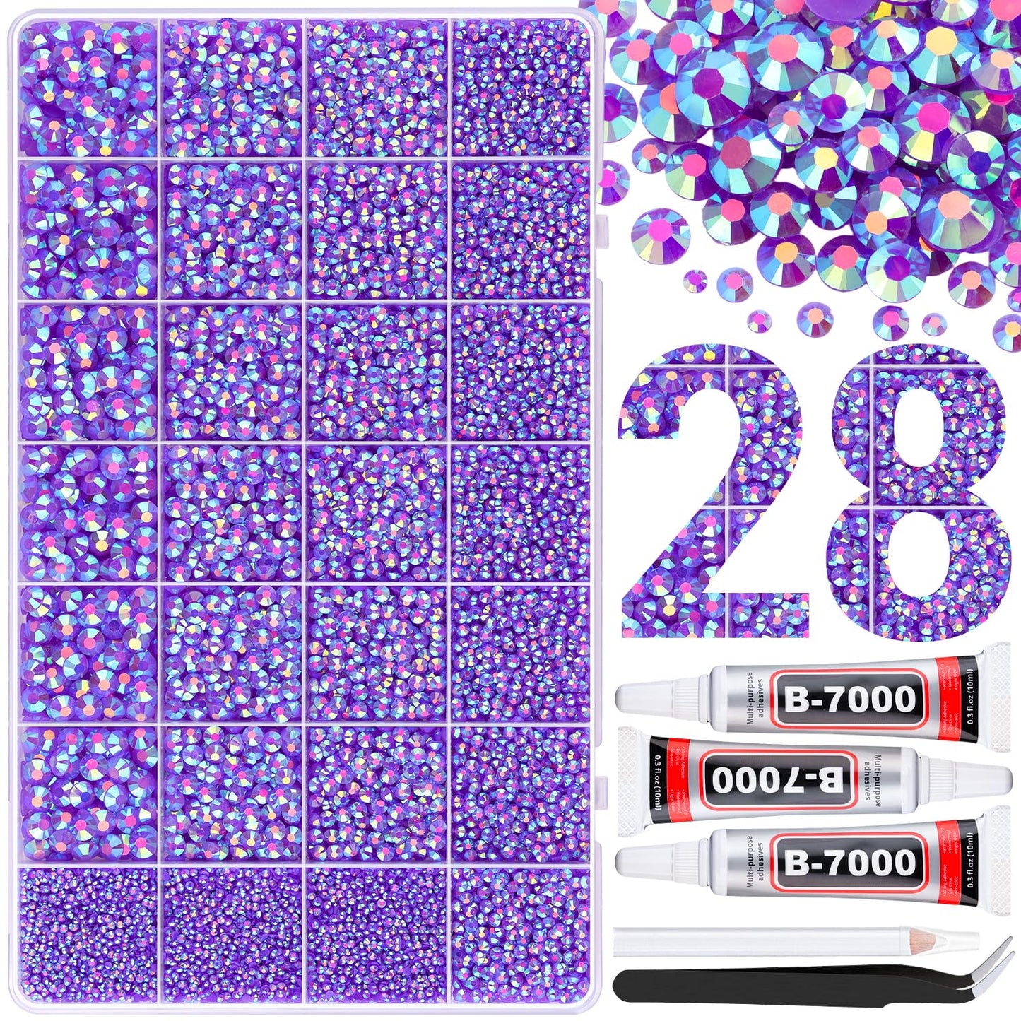 30000Pcs Resin Rhinestones for Bedazzling with 3Pcs B7000 Jewelry Glue, Dark Purple AB Flatback Gems Rhinestones for Crafting, Clothing Tumblers Mugs Shoes Fabric Decor Nail Art