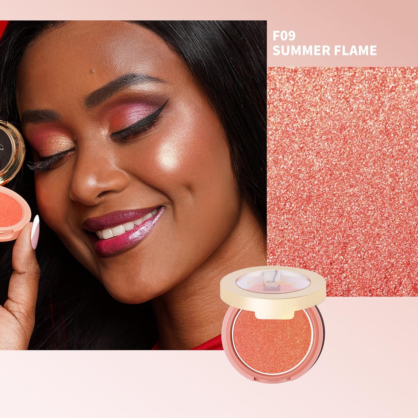 Oulac Orange Luminisers Powdery Blusher for Cheeks Face Glow,Brighten Skin As Highlighter Makeup, Shimmer Blusher,Buildable and Vegan Cosmetics,4.8g F09 Summer Flame