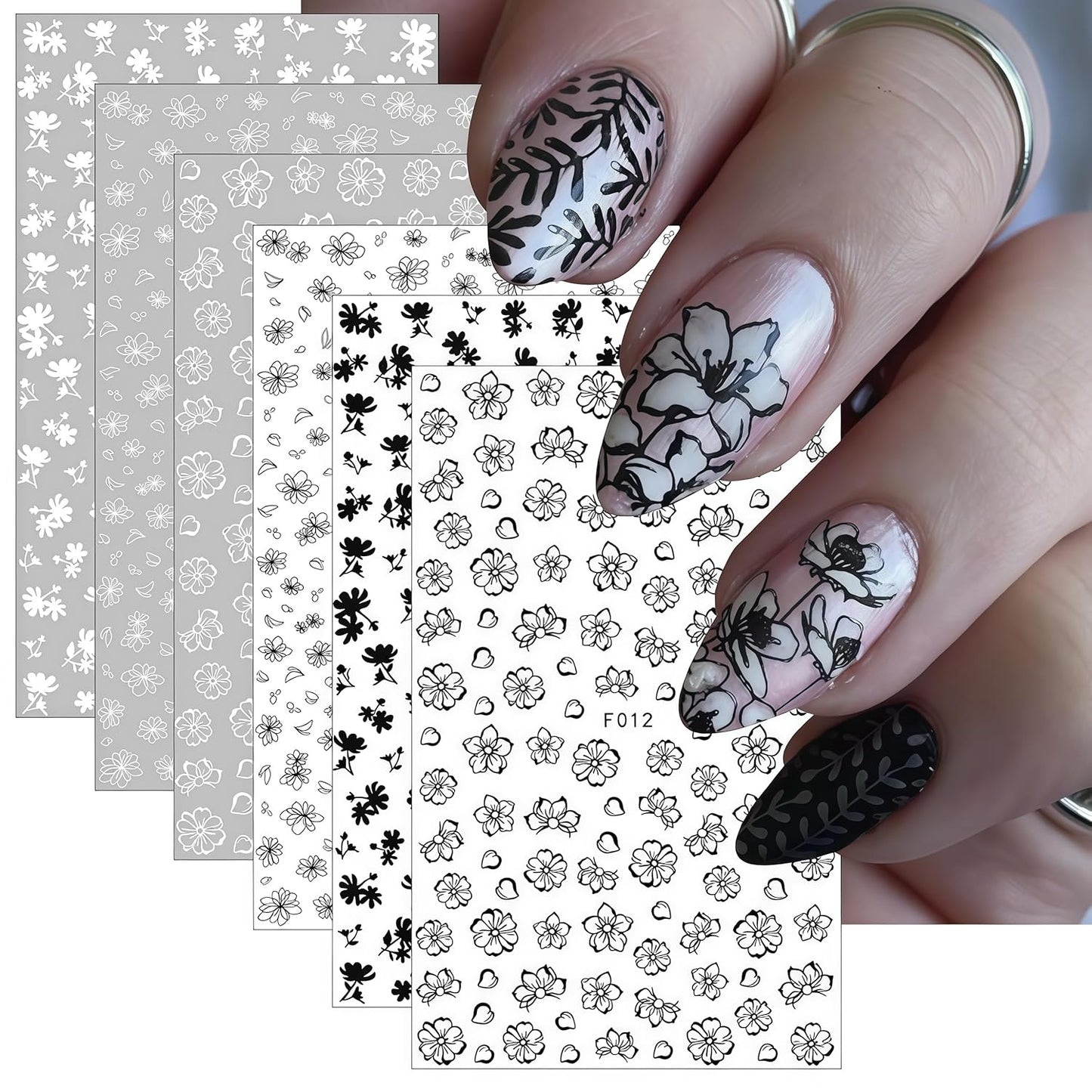 6Sheets Summer Flower Nail Art Stickers Black White Flower Nail Decals 3D Self Adhesive Nail Decals White Floral Cherry Blossoms Floret Nail Design for Women DIY Nail Decoration Accessories Craft